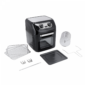 Black air fryer with accessories.
