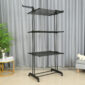 Black clothes rack with shelves and wheels.