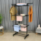 Mobile clothes rack with shelves and hanging clothes.