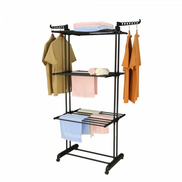 Black drying rack with clothes and towels.
