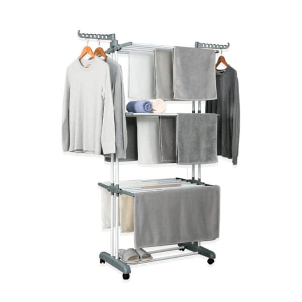 Mobile clothes rack with shelves and hanging clothes.