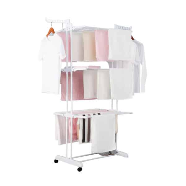 Drying rack with clothes and towels.