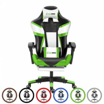 Gaming chair green-white, adjustable, comfortable design.