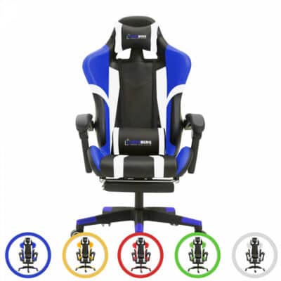 Ergonomic blue gaming chair with adjustment options.