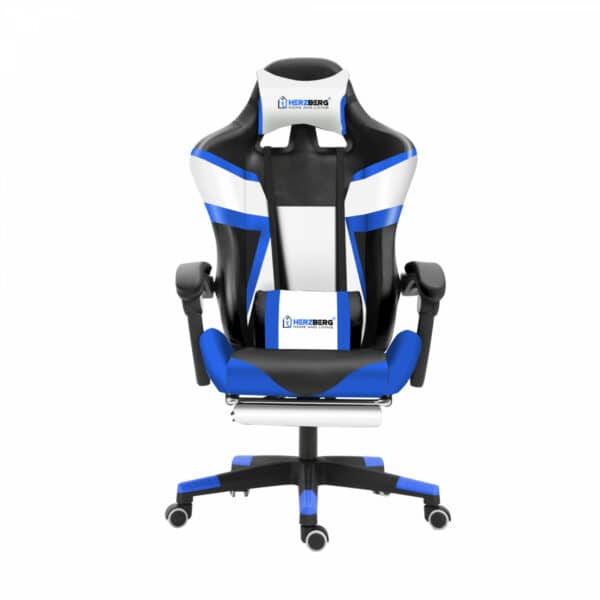 Ergonomic blue-black gaming chair with wheels