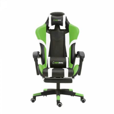 Green and white gaming chair with armrests and wheels.