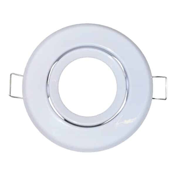 White circular ceiling spotlight with metal clamps.