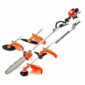 Multifunctional garden machines for pruning and mowing.