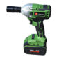Green cordless drill with battery.