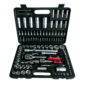 Tool box with various socket and ratchet wrenches.
