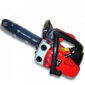 Red petrol chainsaw on white background.