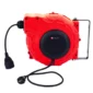 Red cable reel with plug and handle.