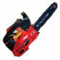 Red electric chainsaw on white background.