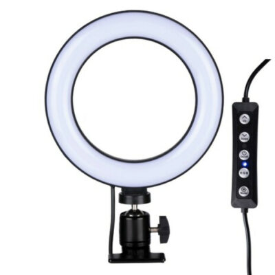 LED ring light with tripod and control panel.