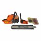 Chainsaw with accessories and safety equipment.