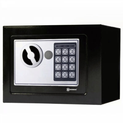 Black safe with electronic keypad.