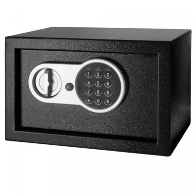 Black digital safe with combination lock.