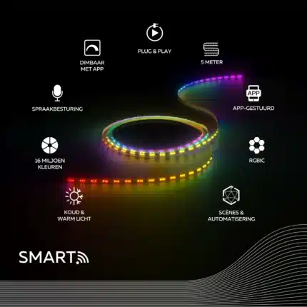 Smart LED-strip met kleuren en app-bediening.